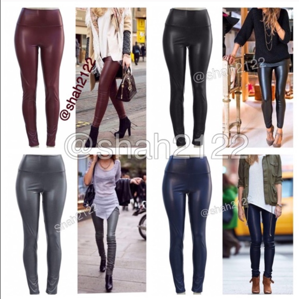 Black Leather Faux Vegan Leggings High Waist Tummy Control - Picture 4 of 4